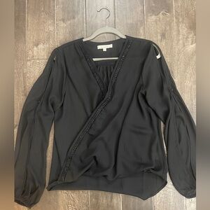 Elegant Black Women's Top with Beaded trim and peekaboo sleeves